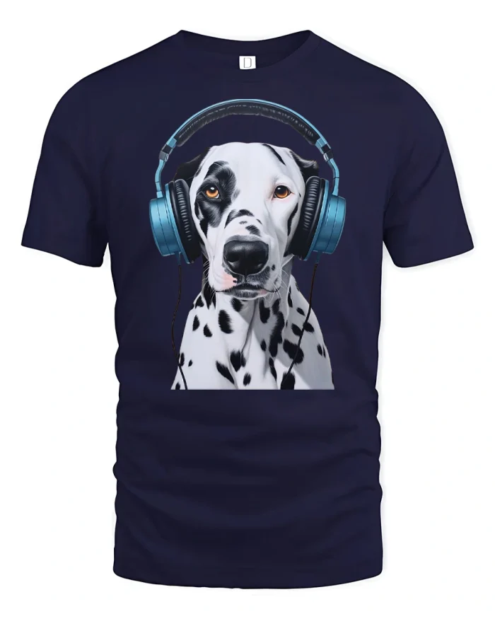 Funny Dalmatian Dog With Headphones Graphic Tee Music Lover Tshirt - navy t-shirt on white background