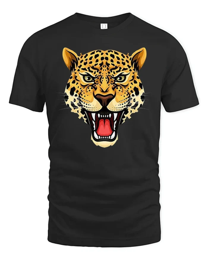 Fierce Roaring Leopard Face Graphic T Shirt Wild Predator Style - black t-shirt on white background