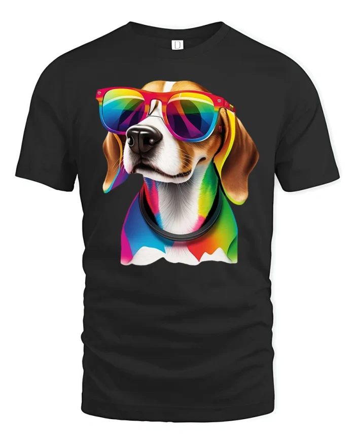 Colorful Beagle Dog T Shirt with Rainbow Shades Fun Graphic Style - black t-shirt on white background