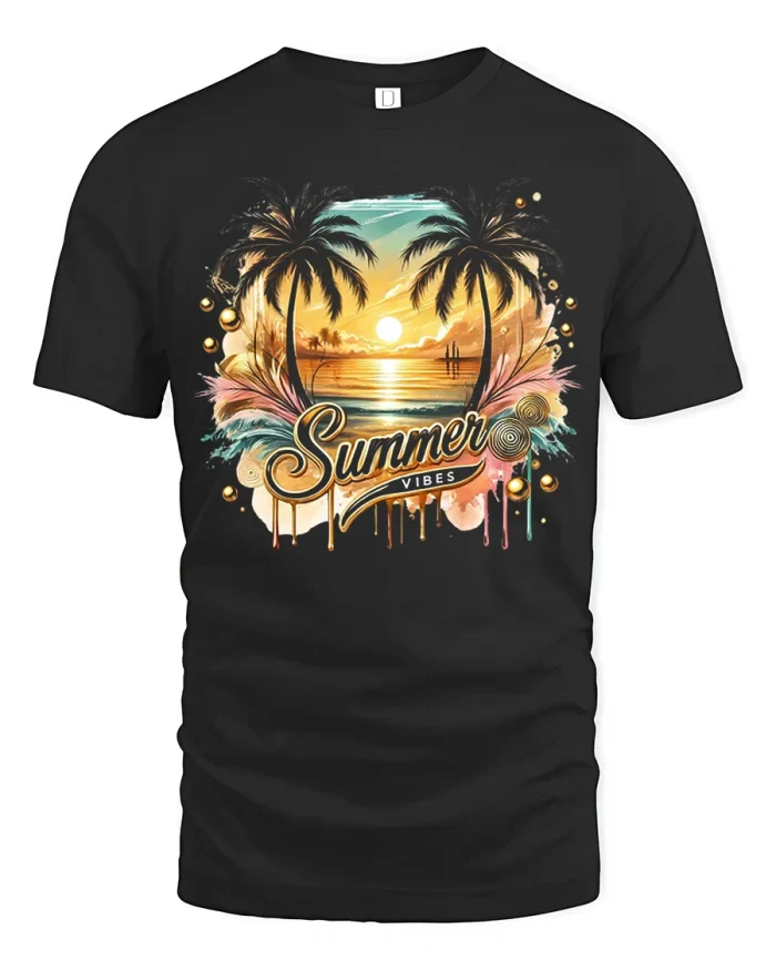Summer Vibes Beach T Shirt Tropical Sunset Palm Tree Graphic Art - black t-shirt on white background