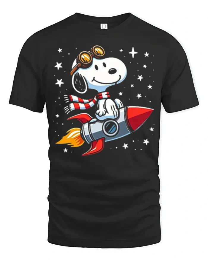 Cute Space Dog Rocket T Shirt Funny Cosmic Adventure Graphic Art - black t-shirt on white background