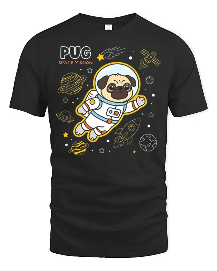 Funny Pug Space Mission Astronaut Graphic Cotton Tshirt - black t-shirt on white background