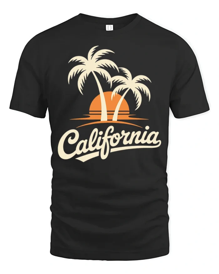 Retro California Sunset Palm Tree Graphic Cotton Tshirt - black t-shirt on white background