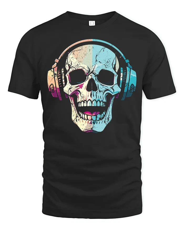 Funny Musical Skull Headphones Premium Soft Cotton Tee - black t-shirt on white background