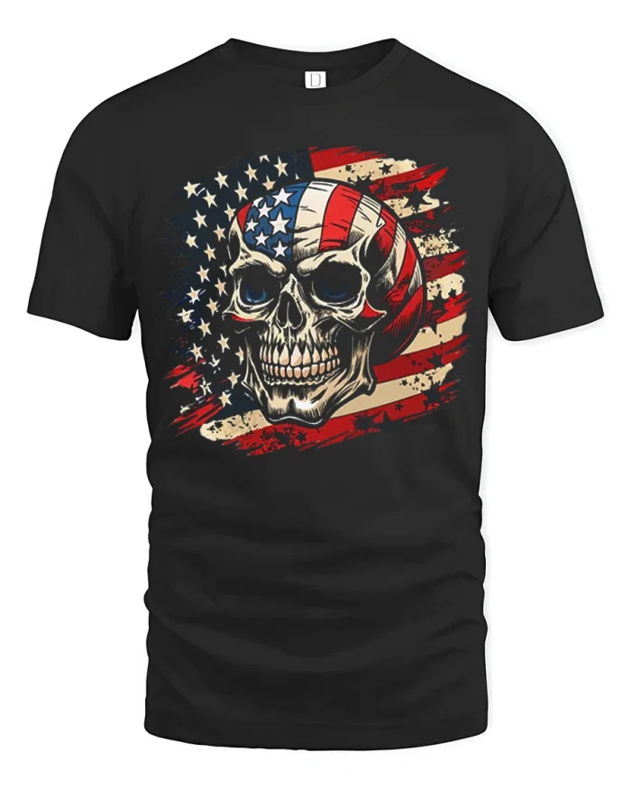 Vintage USA Flag Patriotic Skull Graphic Cotton Tshirt - black t-shirt on white background