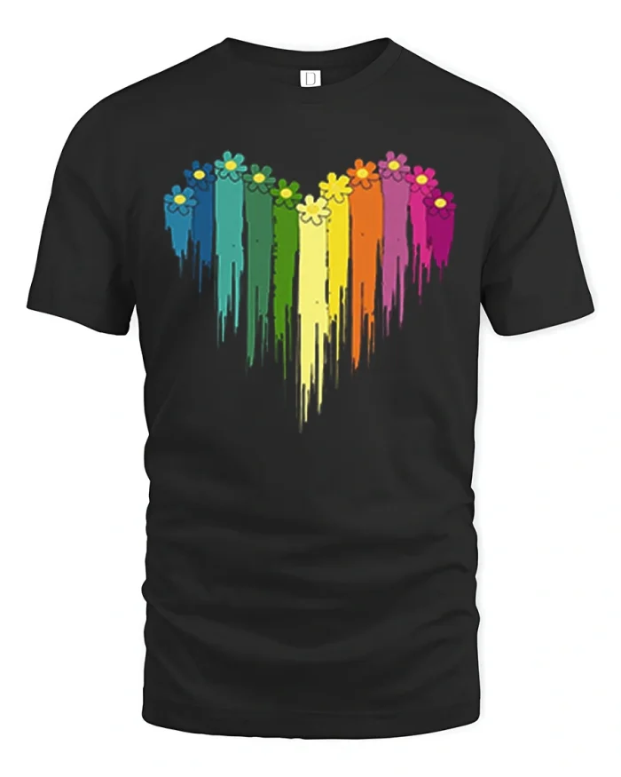 Colorful Floral Rainbow Heart Graphic T Shirt Love And Kindness - black t-shirt on white background