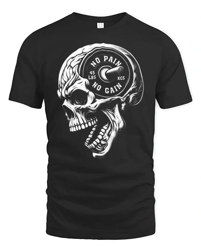 No Pain No Gain Skull Gym Graphic T Shirt Fitness Motivation - black t-shirt on white background
