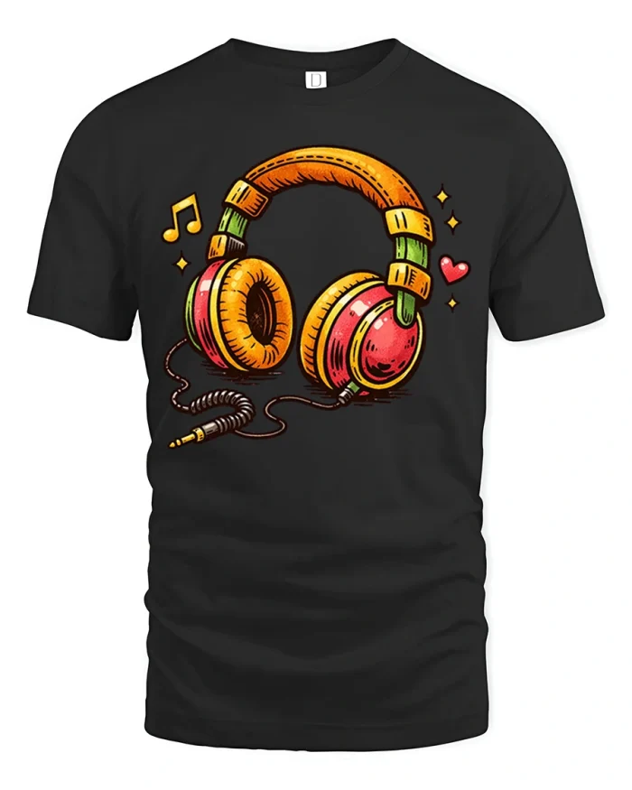Colorful Retro Headphones Graphic T Shirt Music Lover Vibes - black t-shirt on white background