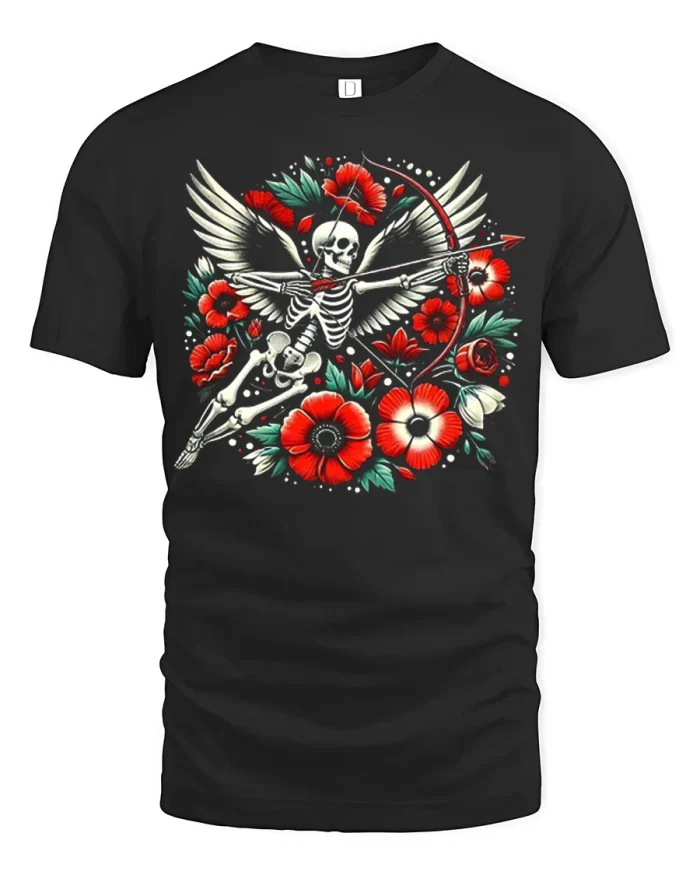 Winged Skeleton Cupid Archer Floral Gothic Valentine Graphic Tee - black t-shirt on white background