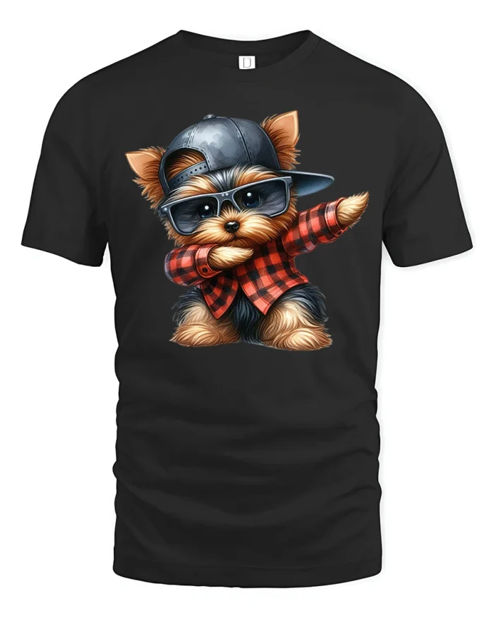 Funny Dabbing Yorkie Dog Graphic Tee Cool Puppy Dance Tshirt - black t-shirt on white background