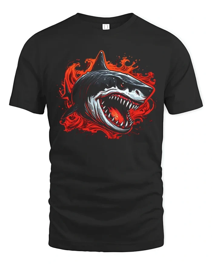 Ferocious Great White Shark Ocean Predator Graphic Tee Shirt - black t-shirt on white background