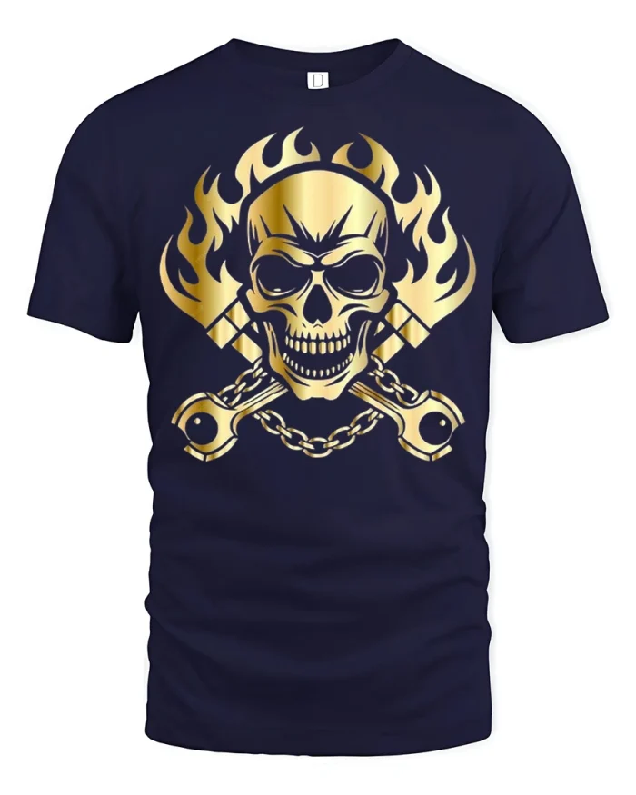 Golden Flaming Skull Engine Pistons Biker Graphic Tee Shirt - navy t-shirt on white background