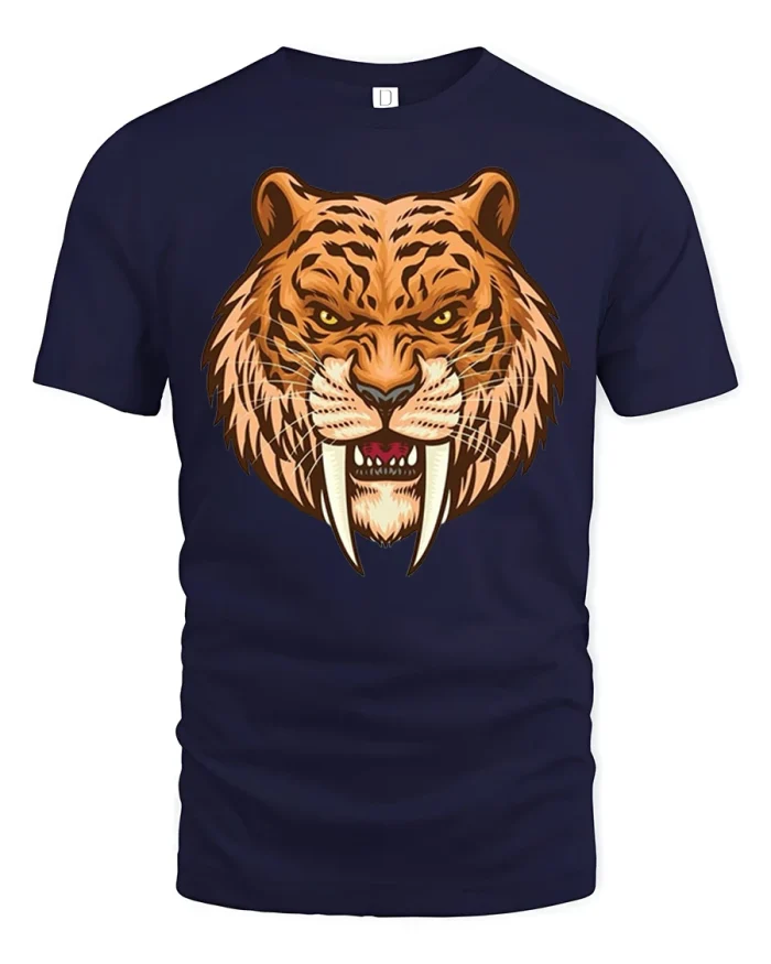 Ferocious Saber Tooth Tiger Wild Predator Graphic Tee Shirt - navy t-shirt on white background