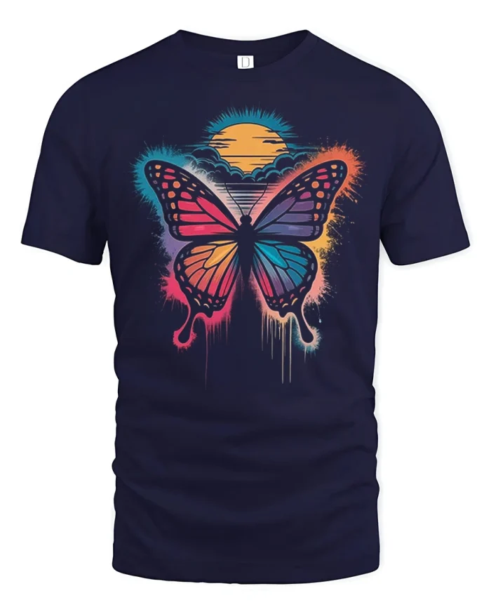 Colorful Butterfly Sunset Retro Nature Graphic Tee Shirt - navy t-shirt on white background