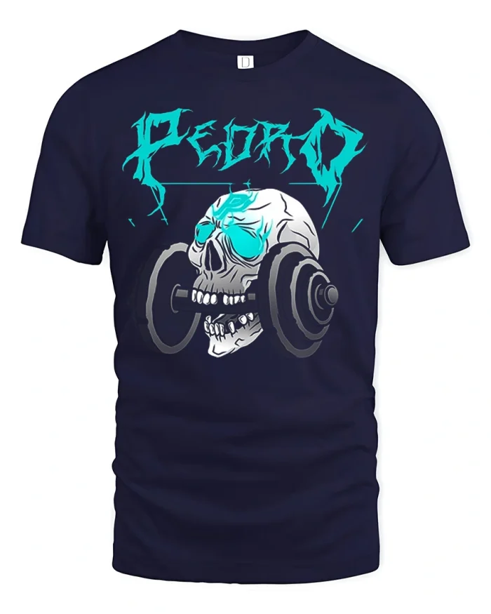 Psycho Skull Barbell Gym Fitness Graphic Tee Shirt - navy t-shirt on white background
