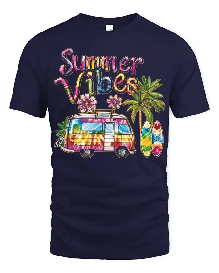 Summer Vibes Retro Beach Camper Van Graphic Tee Shirt - navy t-shirt on white background