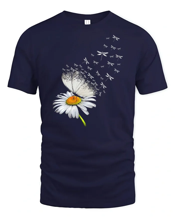 Daisy Butterfly Dragonfly Nature Art Graphic Tee Shirt - navy t-shirt on white background