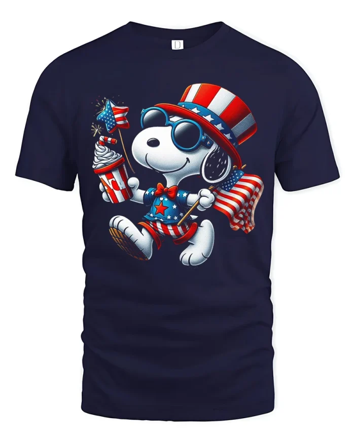 Patriotic Snoopy Fourth Of July Celebration Graphic Tee Shirt - navy t-shirt on white background
