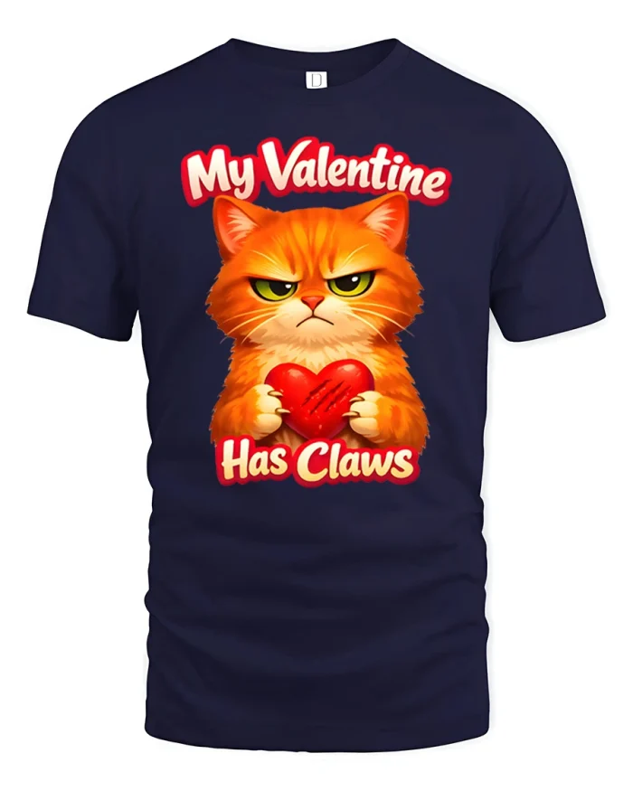 Funny My Valentine Has Claws Cat Graphic Cotton Tshirt - navy t-shirt on white background