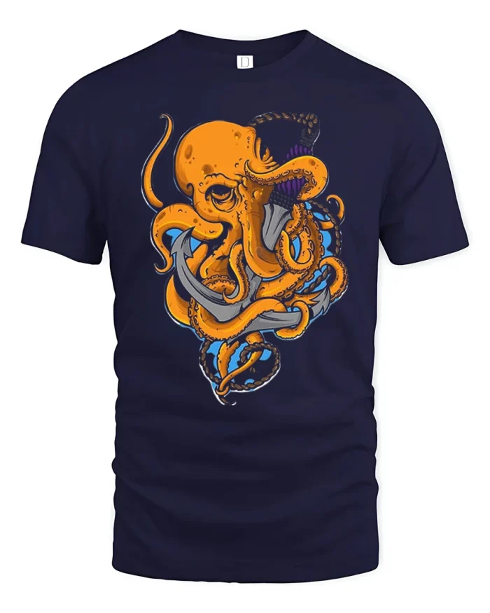 Funny Nautical Kraken Octopus Anchor Dagger Cotton Tee - navy t-shirt on white background