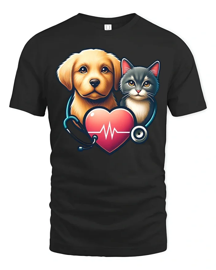 Dog Cat Veterinary Heartbeat Graphic Tshirt Animal Lover Tee - black t-shirt on white background