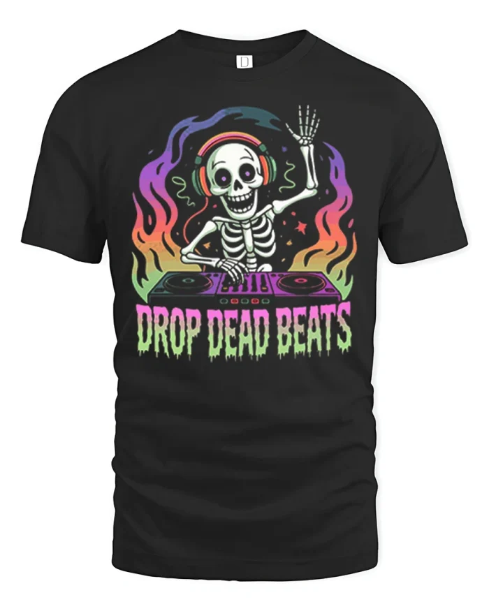 Drop Dead Beats Skeleton DJ Graphic T Shirt Soft Cotton Music Vibes - black t-shirt on white background