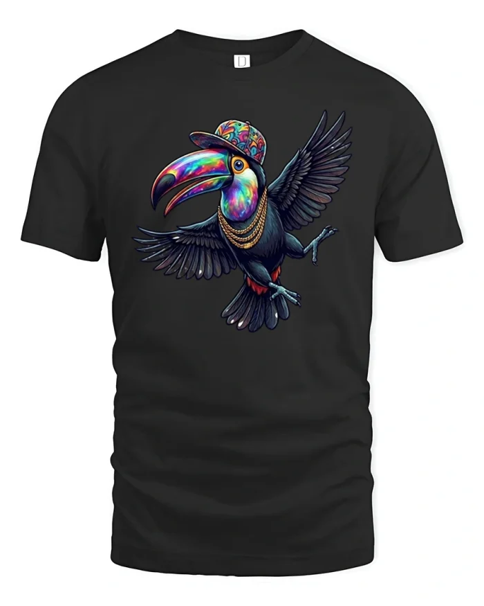 Colorful Hip Hop Toucan Graphic Tee Funny Tropical Bird Shirt - black t-shirt on white background