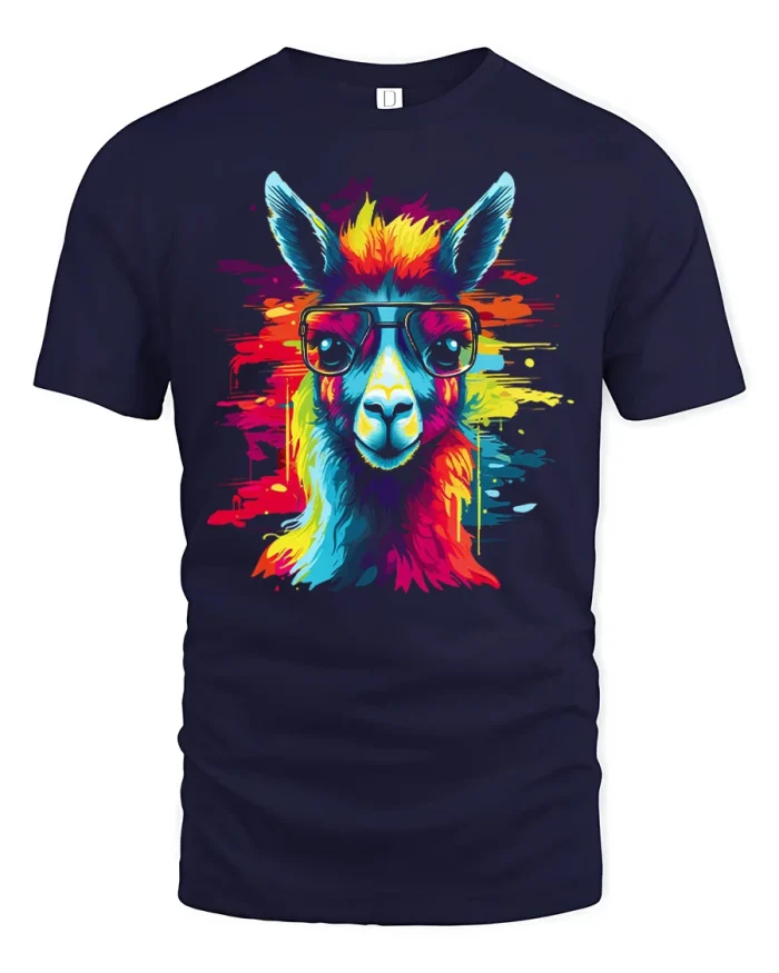 Colorful Cool Llama With Glasses Graphic Tee Fun Animal Shirt - navy t-shirt on white background