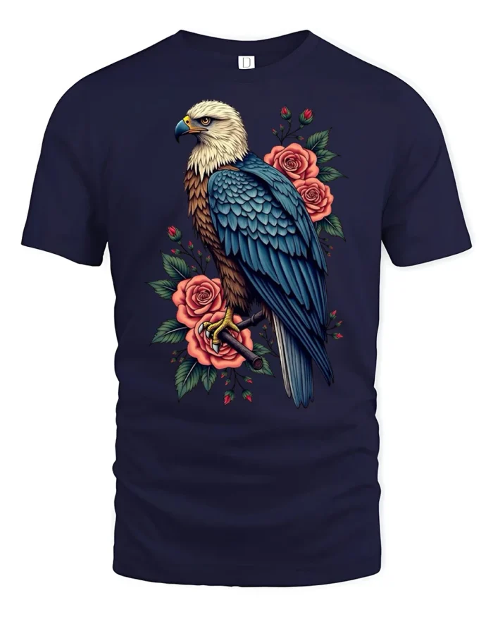 Majestic Eagle With Roses Graphic Tee Patriotic Wildlife Art Shirt - navy t-shirt on white background
