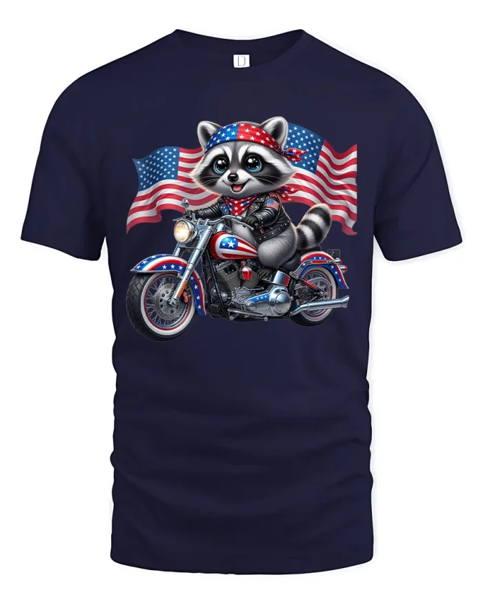 Patriotic Raccoon Riding Motorcycle Graphic Tee Funny USA Shirt - navy t-shirt on white background