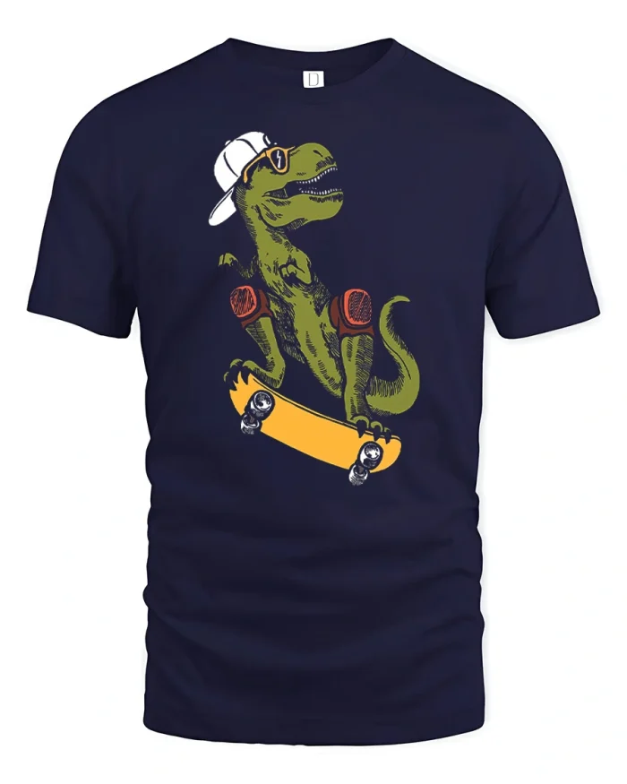 Funny Skateboarding Dinosaur Graphic Tee Cool T Rex Street Style - navy t-shirt on white background