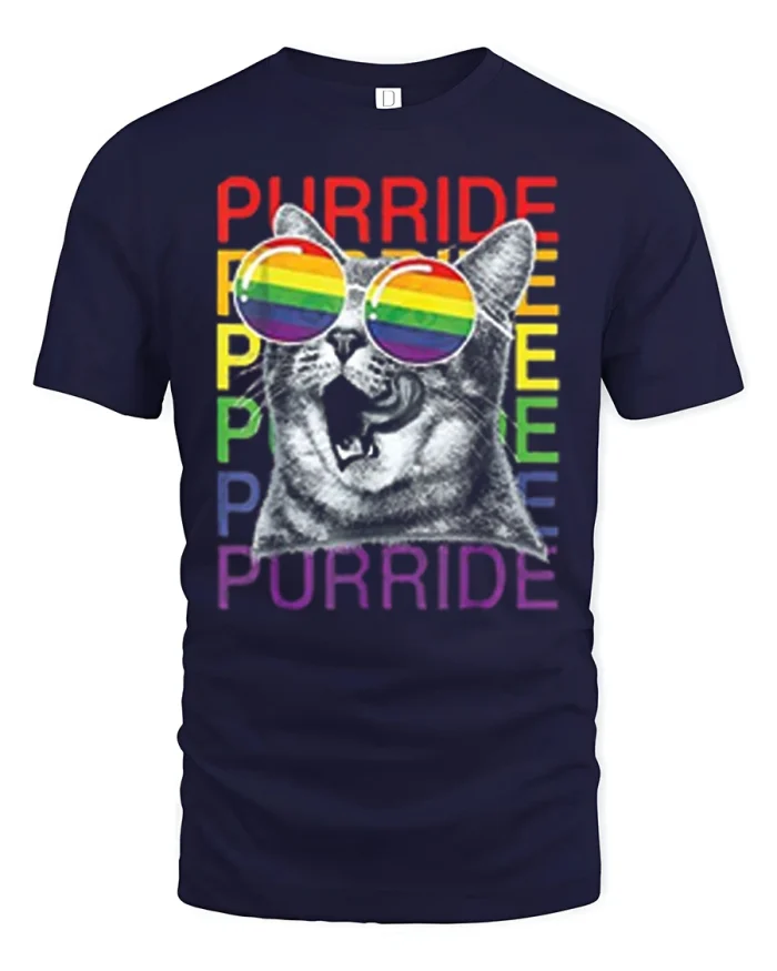 Purride Rainbow Cat Graphic T Shirt Funny Pride Celebration Tee - navy t-shirt on white background