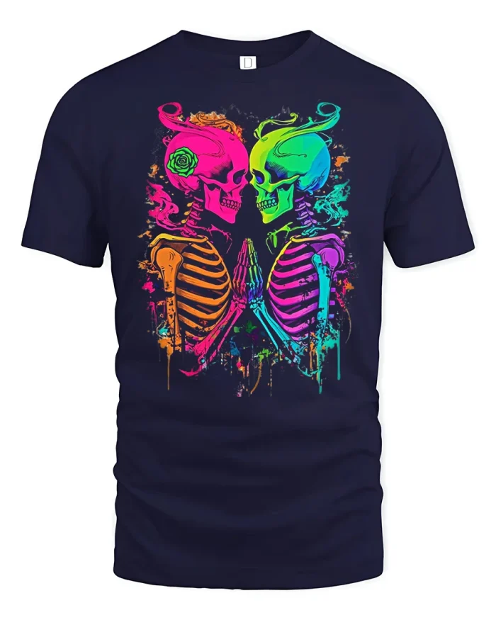 Colorful Skeleton Love Graphic Tee Gothic Art Matching Tshirt - navy t-shirt on white background