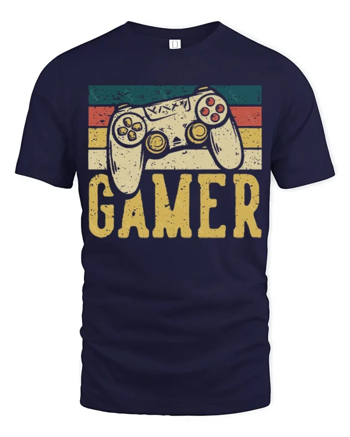 Vintage Gamer Controller Graphic Tee Retro Video Game Lover Tshirt - navy t-shirt on white background