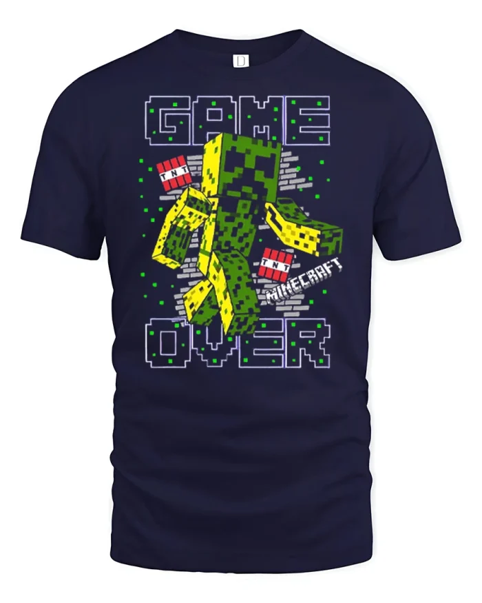 Pixel Game Over Creeper Graphic Tee Retro Gaming Fan Tshirt - navy t-shirt on white background