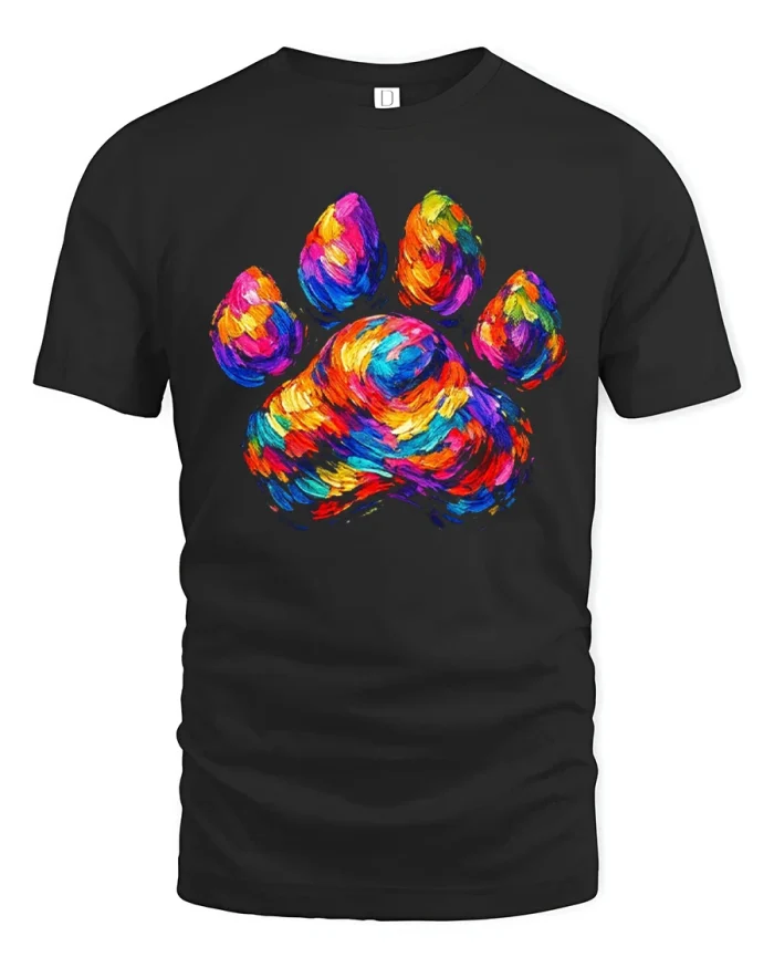 Colorful Paw Print Graphic Tee Artistic Pet Lover Tshirt Design - black t-shirt on white background