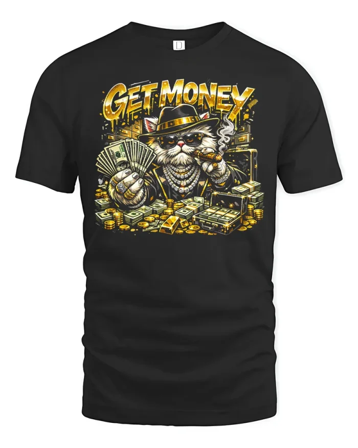 Funny Get Money Gangster Cat Graphic Tee Cash Lover T Shirt - black t-shirt on white background