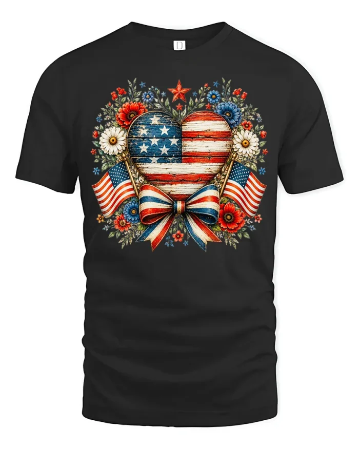 Patriotic American Flag Heart Floral Graphic T Shirt Freedom Pride - black t-shirt on white background