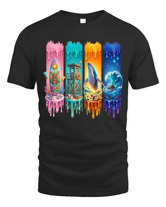 Colorful Coastal Summer Collage Graphic T Shirt Beach Vacation Vibes - black t-shirt on white background