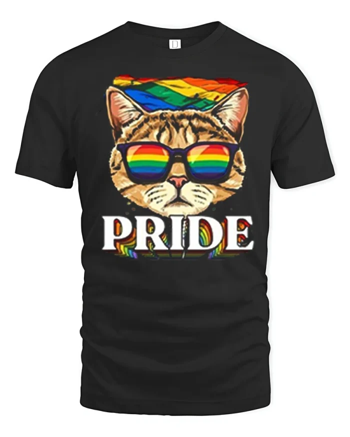 Pride Cat With Rainbow Sunglasses Graphic T Shirt Cute Equality Style - black t-shirt on white background