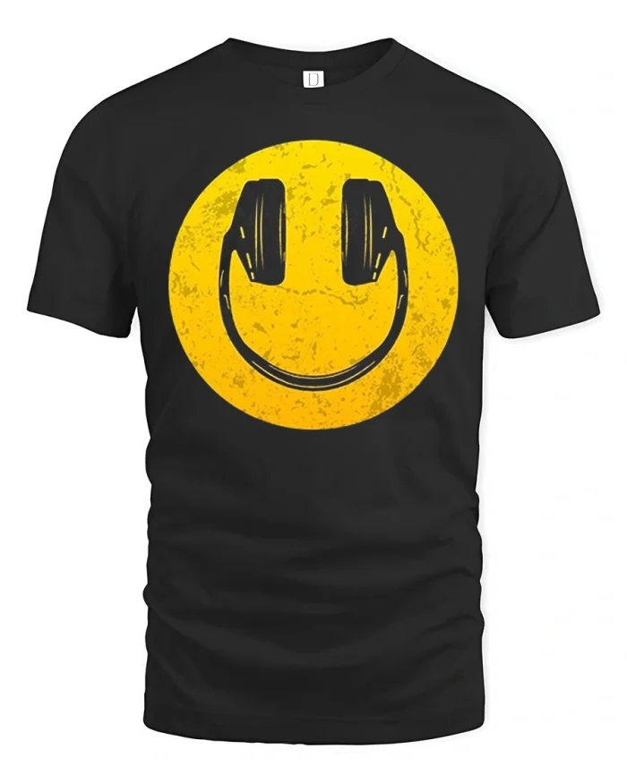 Smiley Face Headphones Graphic T Shirt Music Lover Happy Vibes - black t-shirt on white background