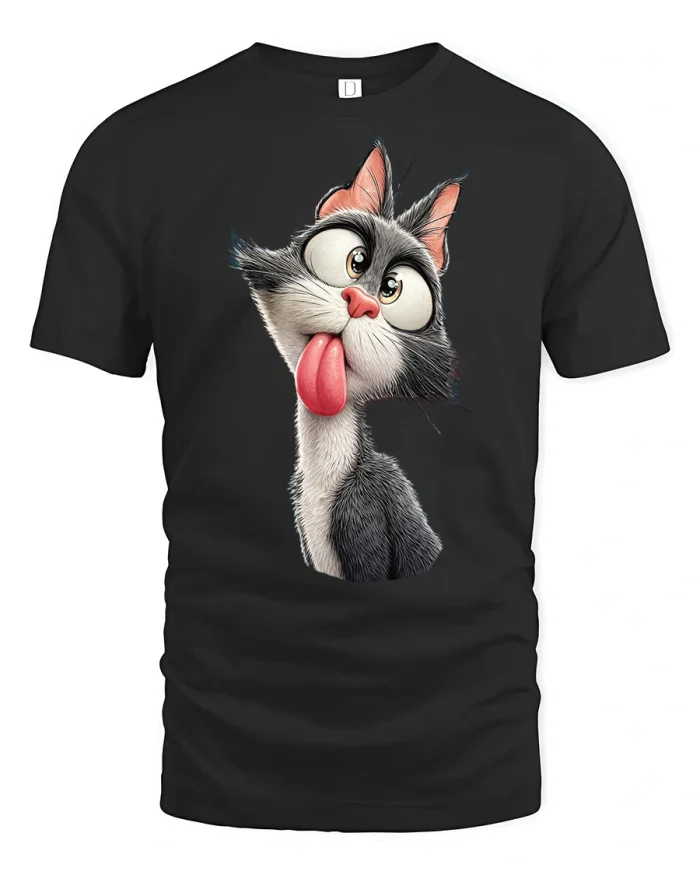 Funny Goofy Cat Face Graphic Tee Cute Cartoon Animal T Shirt - black t-shirt on white background