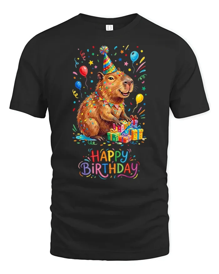 Happy Birthday Capybara Party Graphic Tee Cute Animal T Shirt - black t-shirt on white background