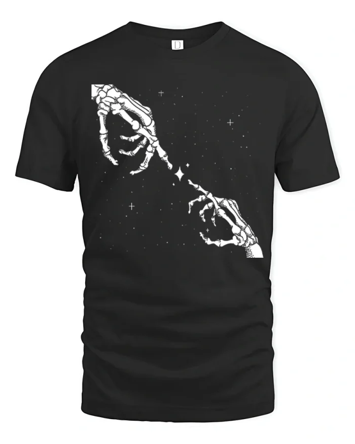 Vintage Skeleton Hands Cosmic Touch Graphic Tee Gothic T Shirt - black t-shirt on white background