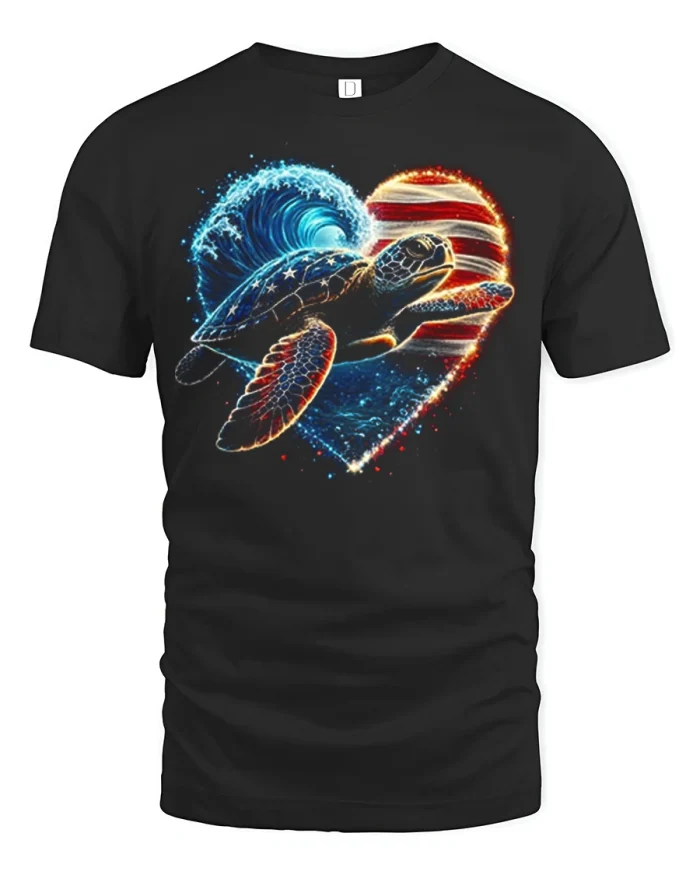 Patriotic Sea Turtle Heart Graphic Tee American Ocean T Shirt - black t-shirt on white background