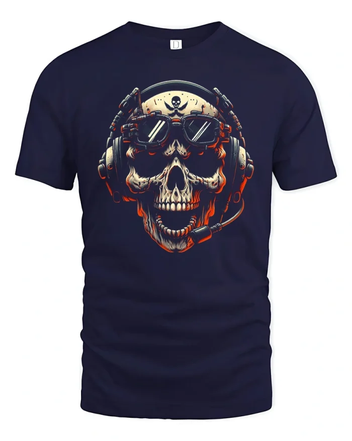 Vintage Tactical Skull Headset Graphic Tee Military Style T Shirt - navy t-shirt on white background