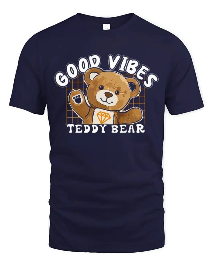 Good Vibes Teddy Bear Graphic Tee Cute Cartoon T Shirt Vintage - navy t-shirt on white background