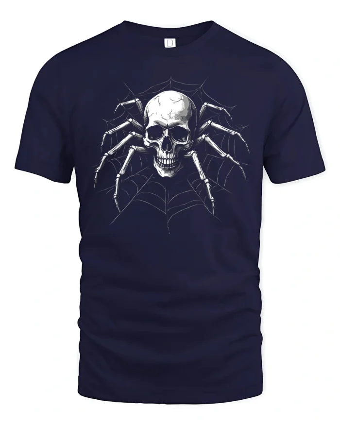 Gothic Skull Spider Web Graphic Tee Dark Halloween T Shirt - navy t-shirt on white background