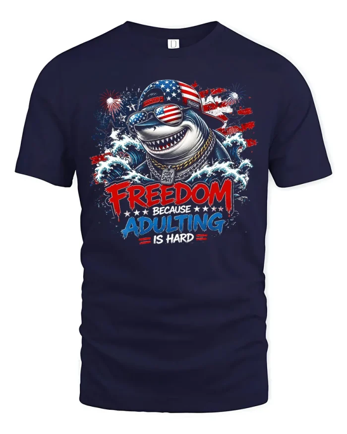 Freedom Because Adulting Is Hard Funny Shark Graphic Tee Shirt - navy t-shirt on white background