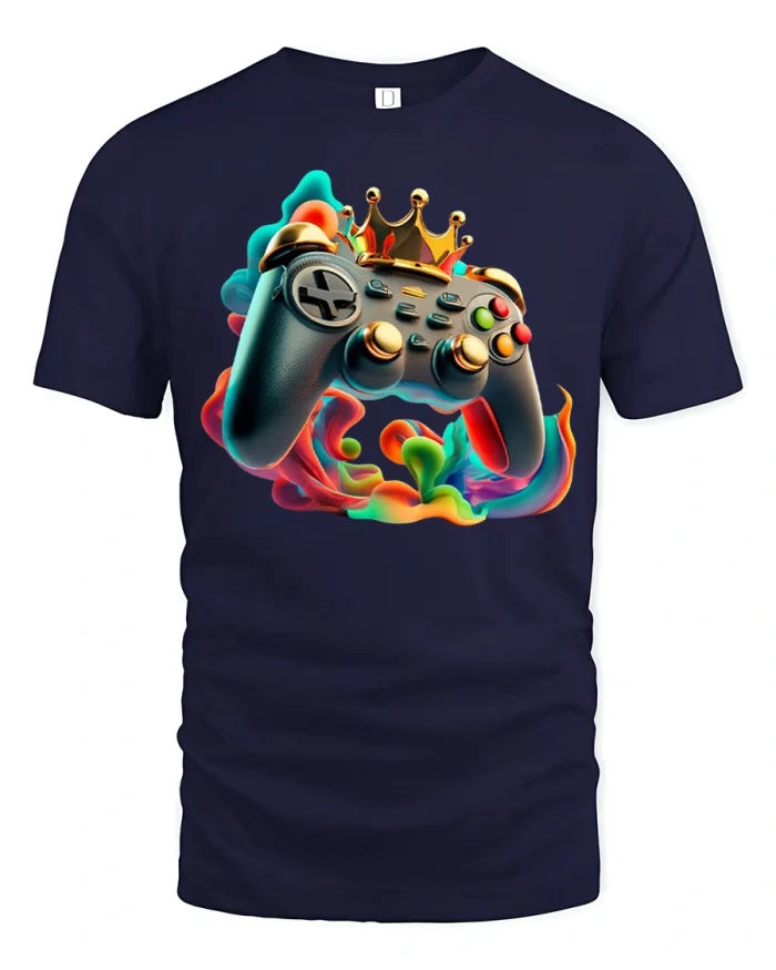 King Gamer Controller Graphic T Shirt Color Splash Gaming Style - navy t-shirt on white background
